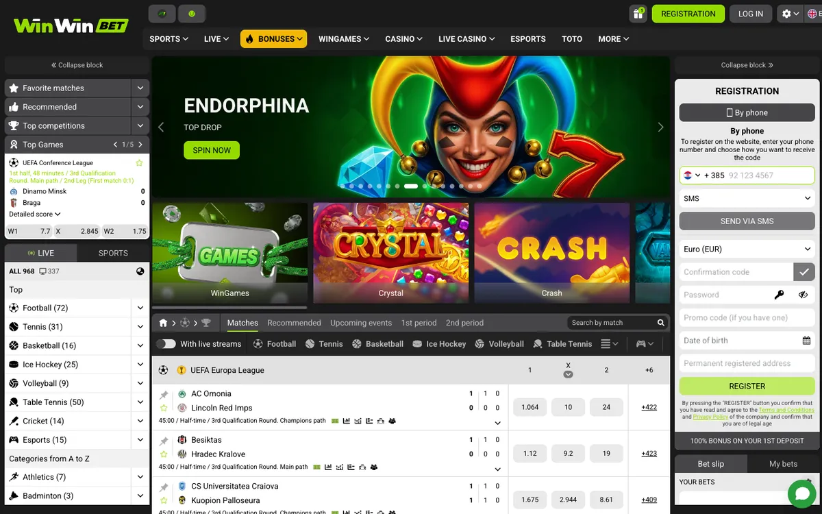 WinWinBet Casino — Home page, captured from Croatia