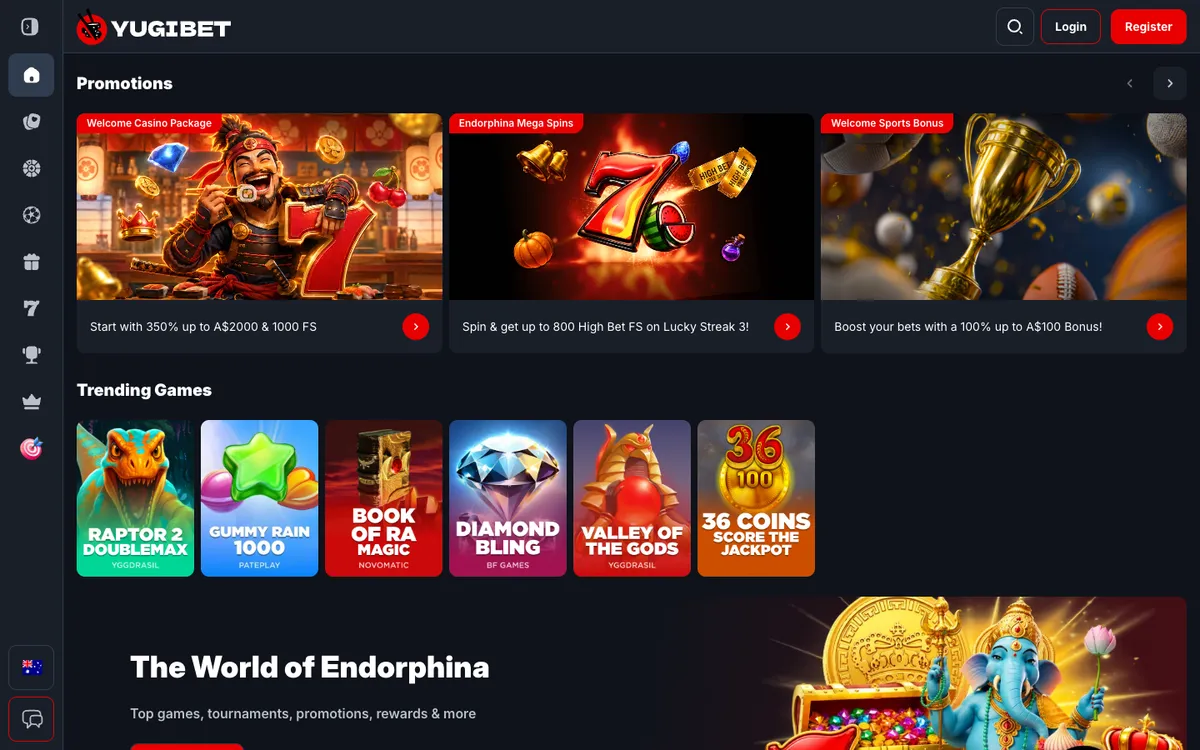Yugibet Casino — «Главная», снято из страны Австралия