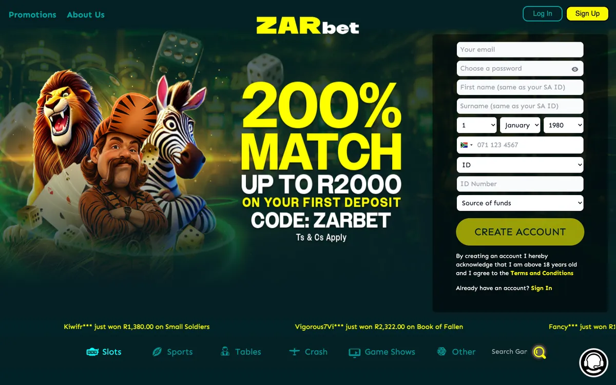 ZARbet Casino — Home page, captured from South Africa