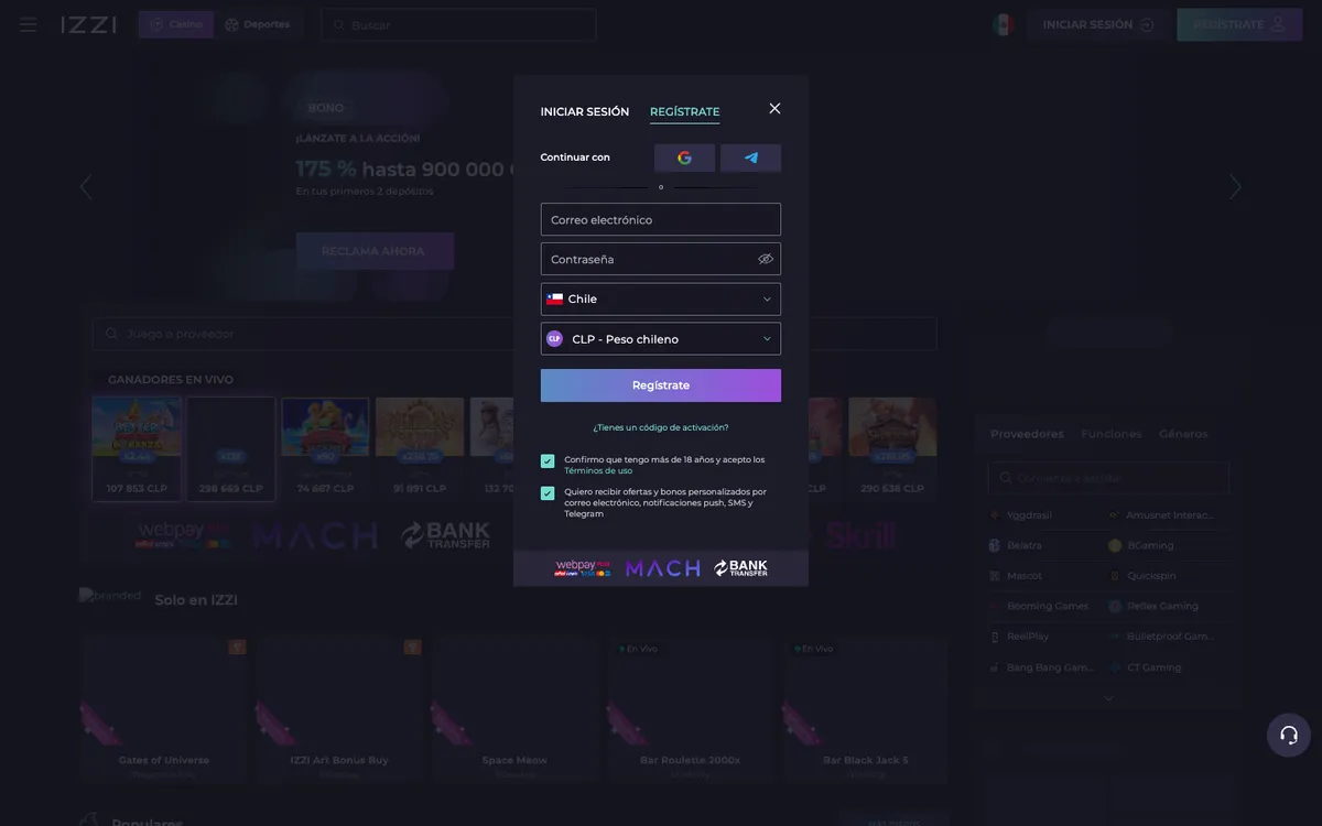 Izzi Casino — Home page, captured from Chile