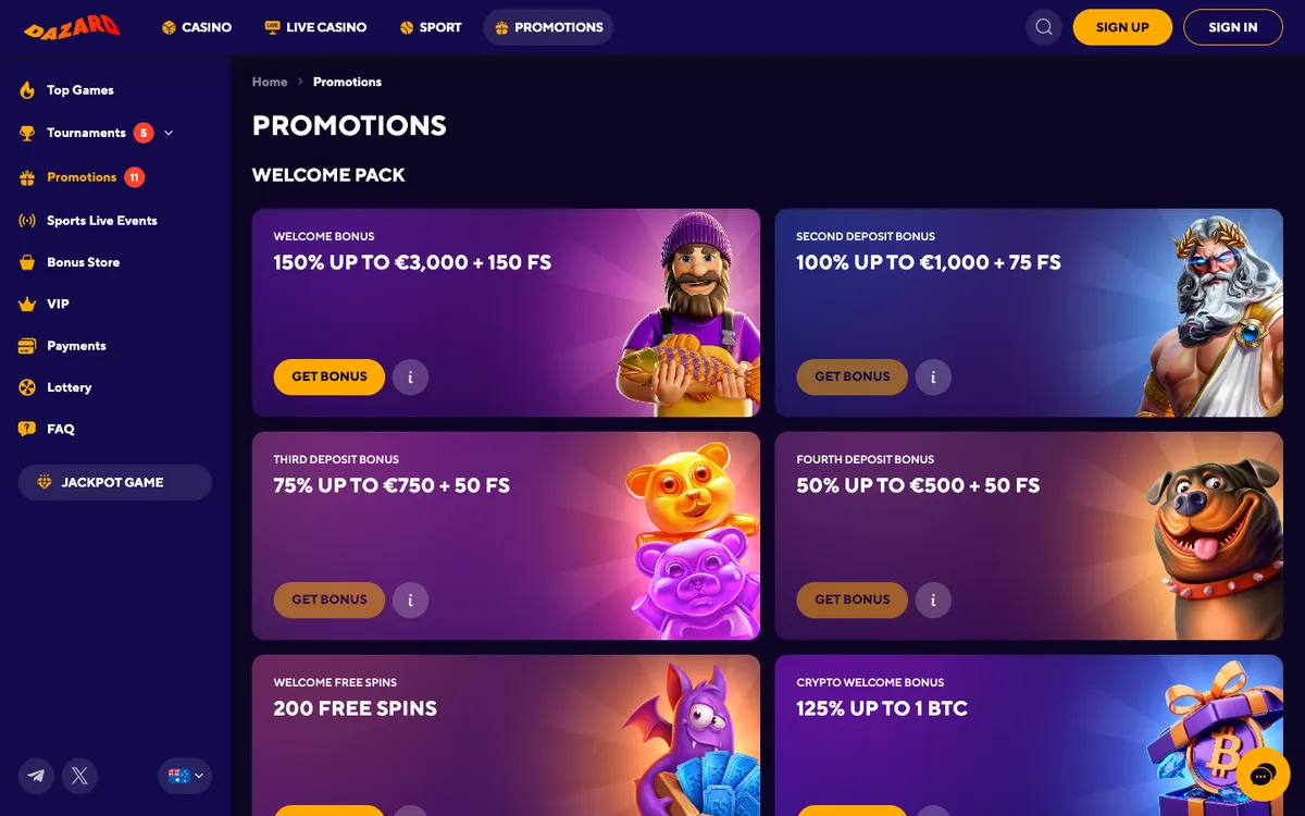 Dazard Casino — «Акции», снято из страны Австралия