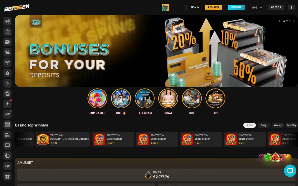 Betssen Casino — Home page, captured from Austria