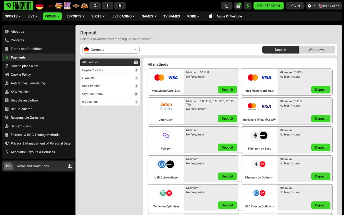 Fansport Casino — Payments, captured from Germany