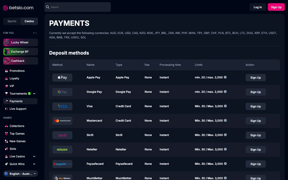 Betsio Casino — Payments, captured from Australia