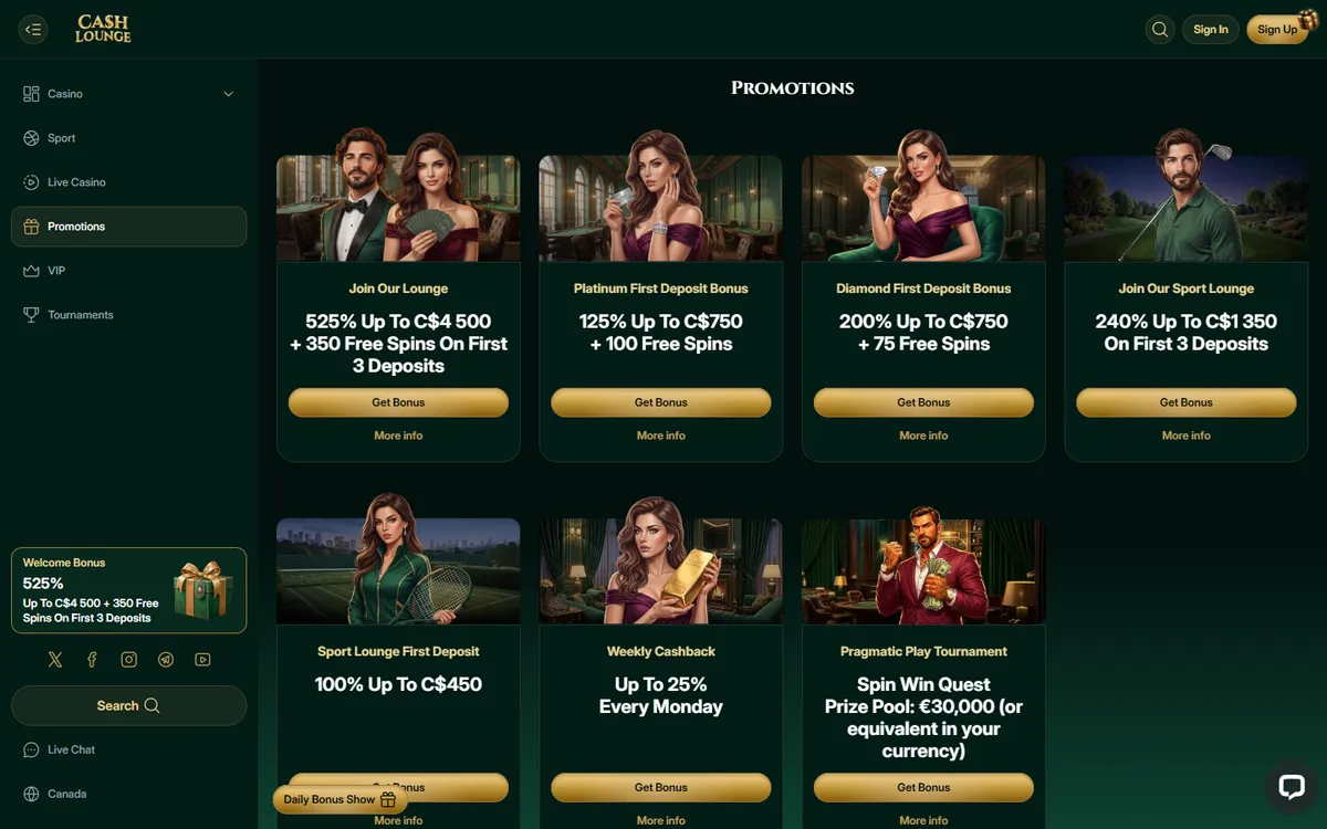 Cash Lounge Casino — Promotions, captured from Canada