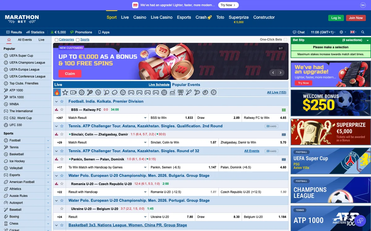 Marathonbet Casino — Home page, captured from Belgium