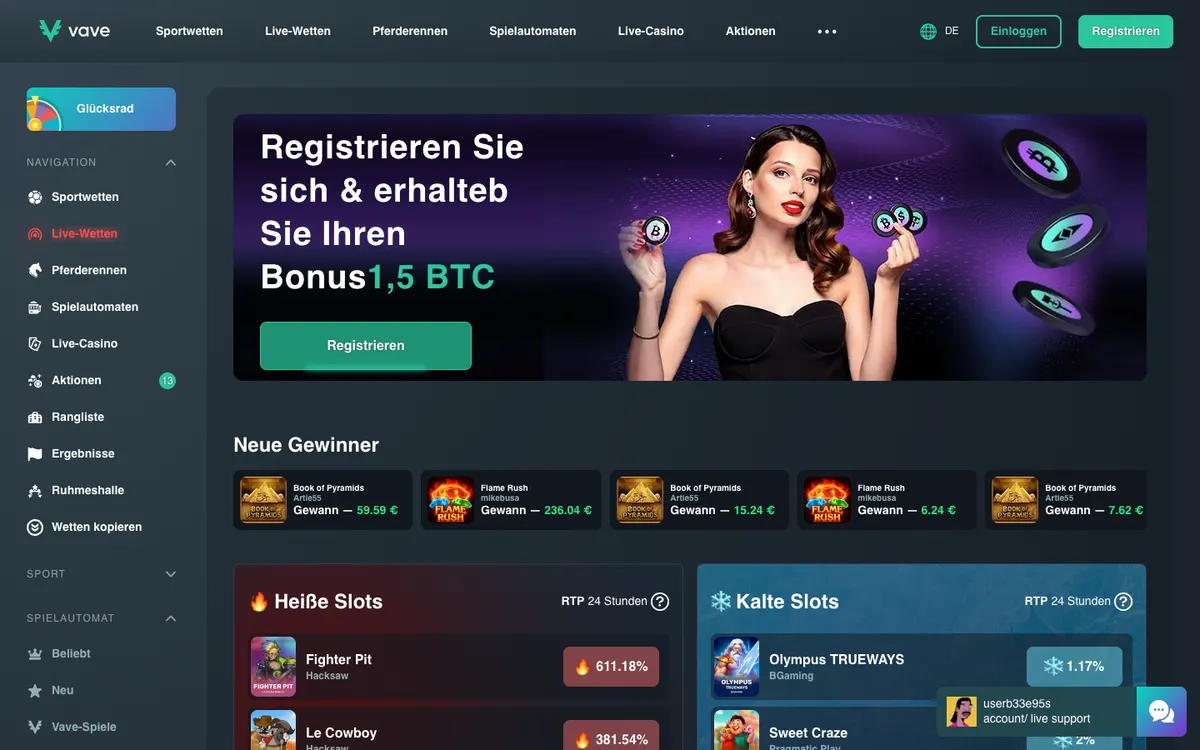 Vave Casino — «Главная», снято из страны Австрия