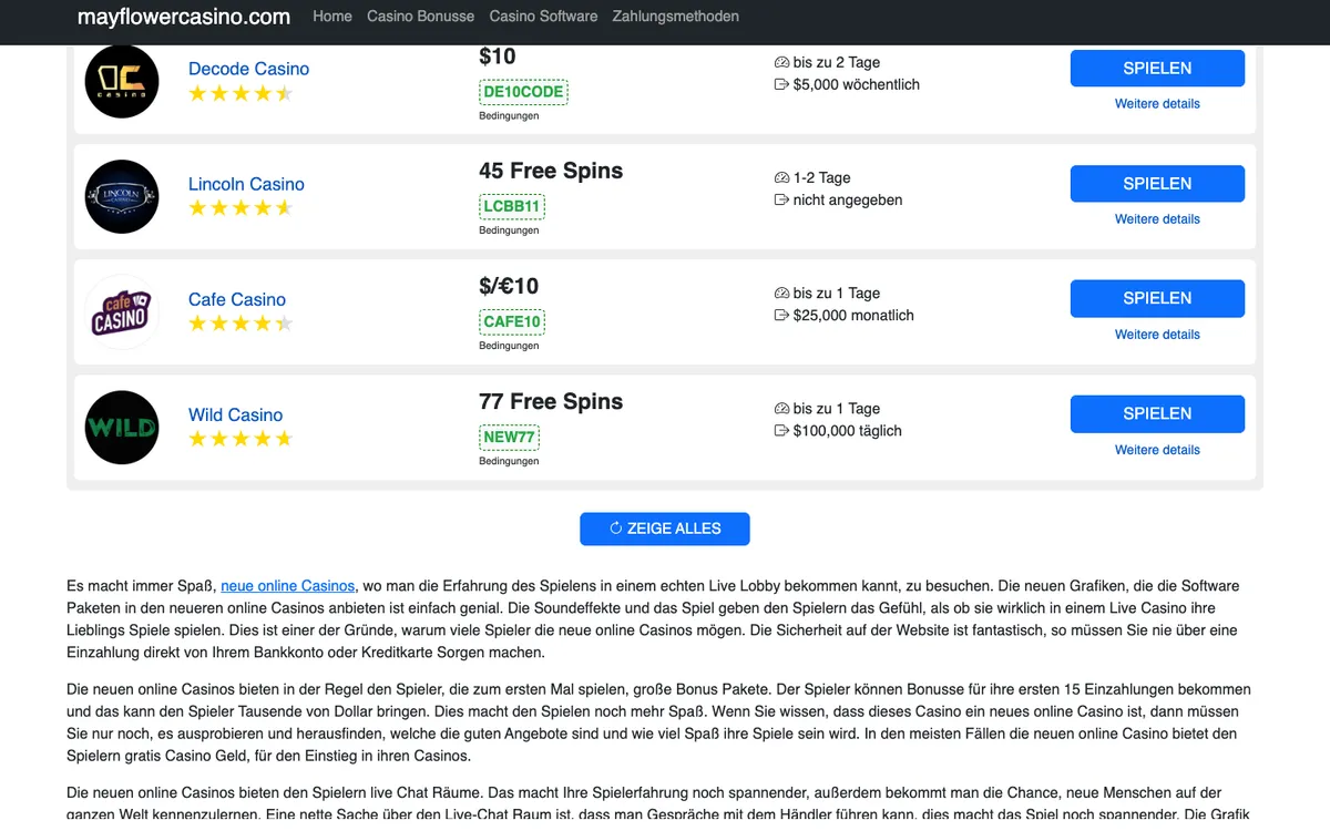Mayflower Casino — Home page, captured from United States