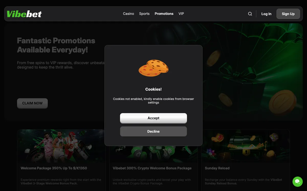 Vibebet Casino — Promotions, captured from Norway