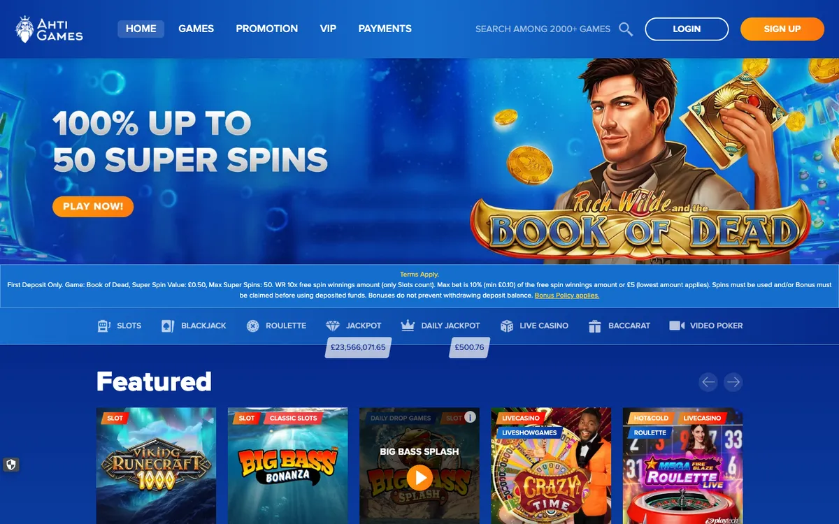 AHTI Games Casino — Home page, captured from United Kingdom