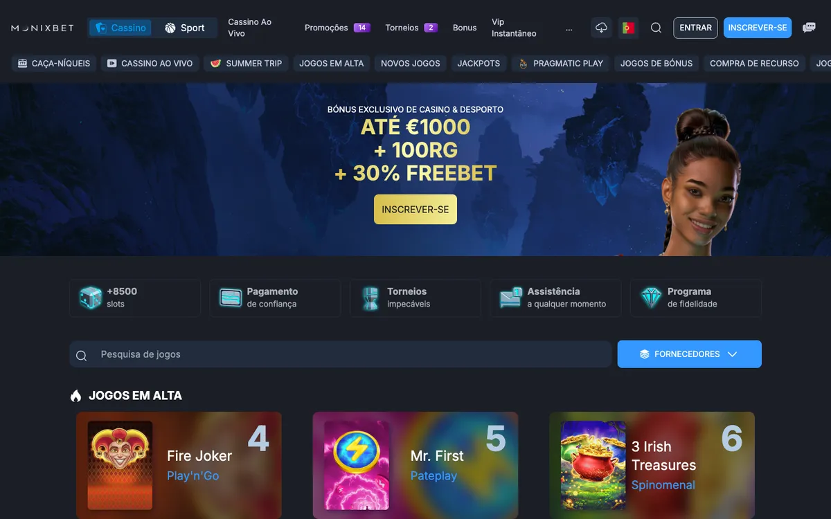 Monixbet Casino — Home page, captured from Portugal