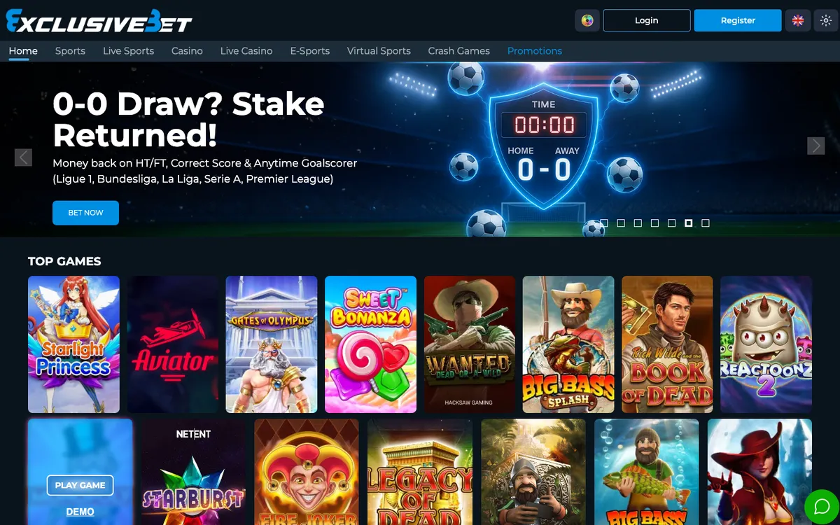 ExclusiveBet Casino — Home page, captured from Switzerland