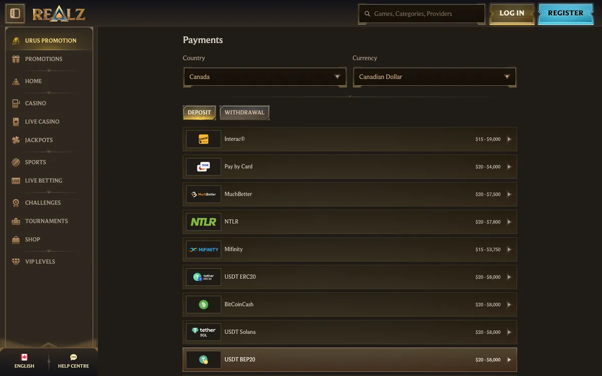 Realz Casino — «Платежи», снято из страны Канада