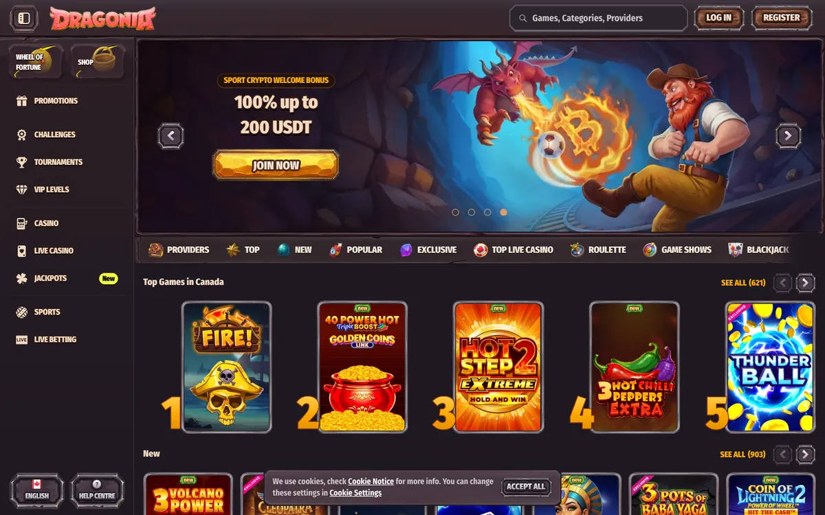 Dragonia Casino — Home page, captured from Canada