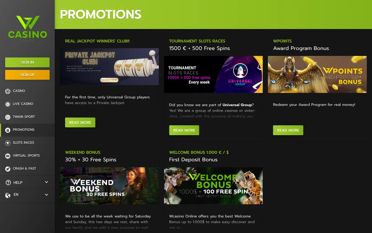 Wcasino Online — Promotions, captured from Canada