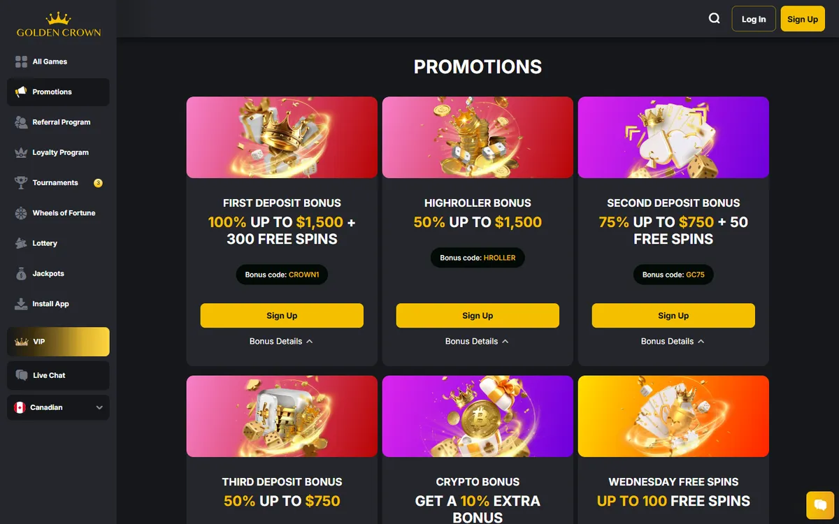 Golden Crown Casino — Promotions, captured from Canada