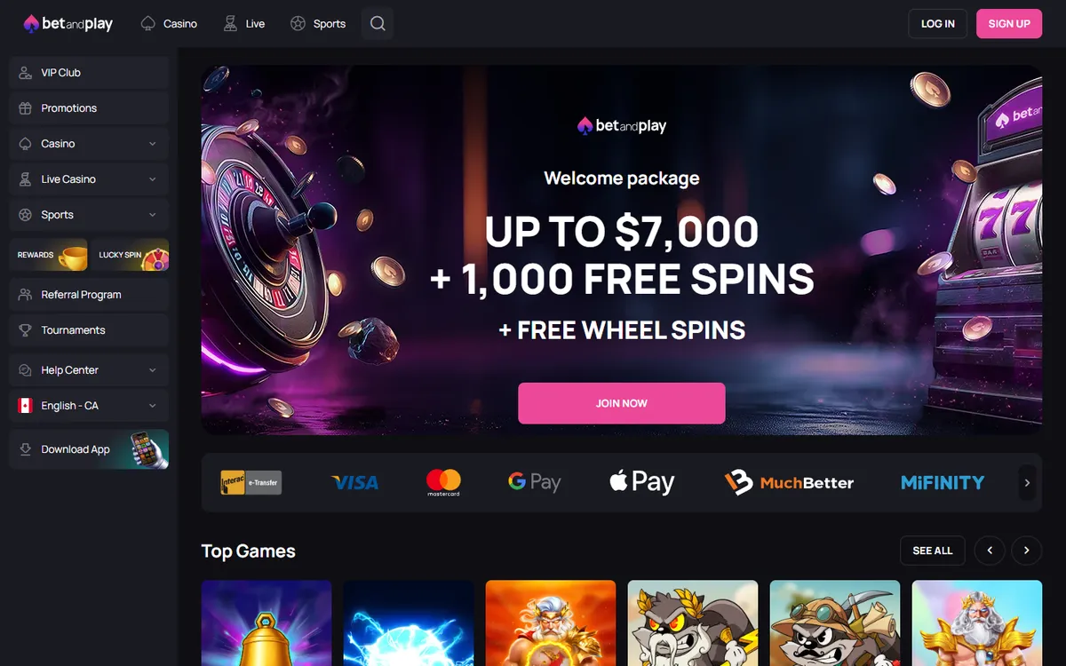 Betandplay Casino — Home page, captured from Canada