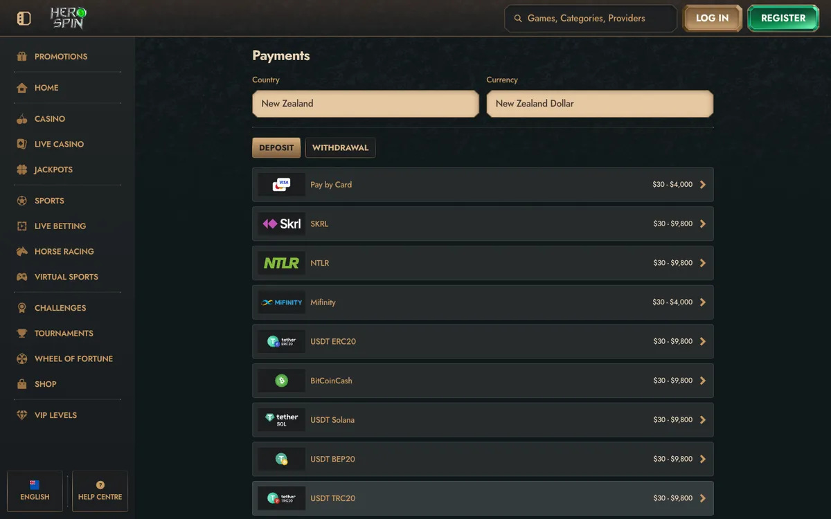 HeroSpin Casino — Payments, captured from New Zealand