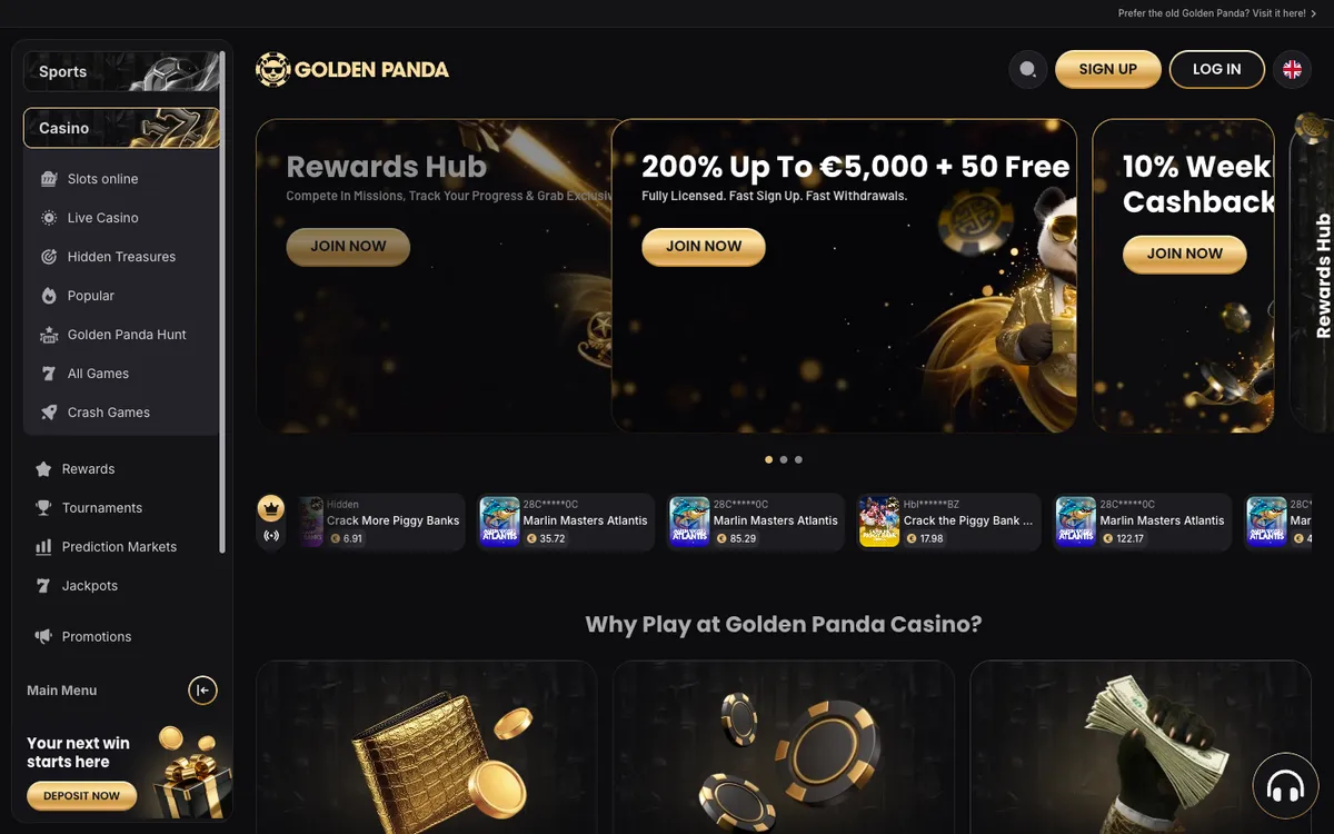 Golden Panda Casino — Home page, captured from United Arab Emirates