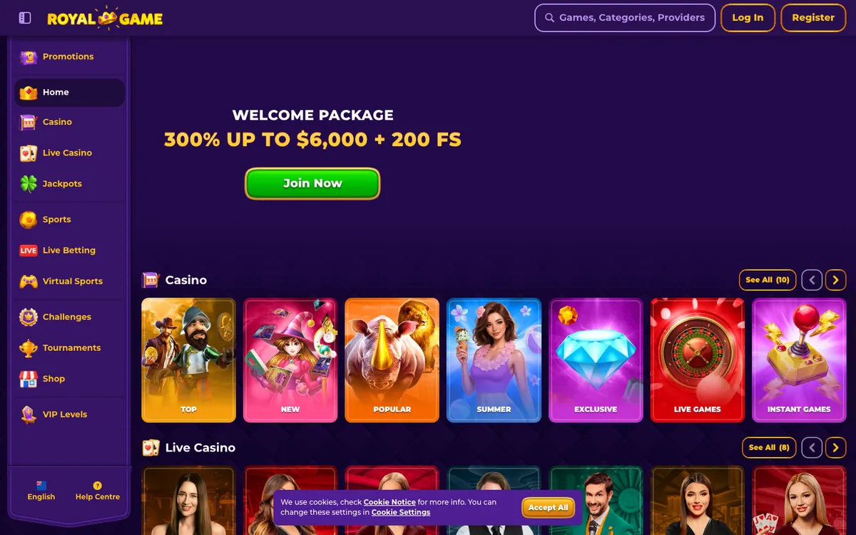 RoyalGame Casino — Home page, captured from New Zealand