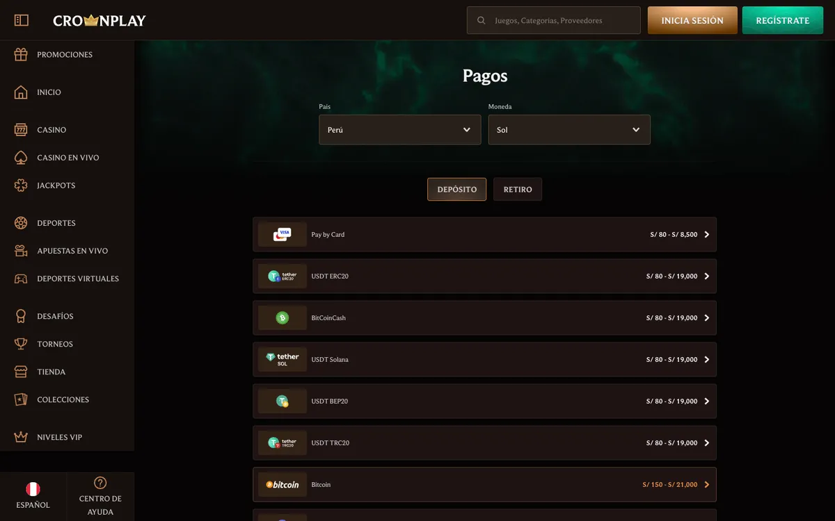 CrownPlay Casino — Payments, captured from Peru