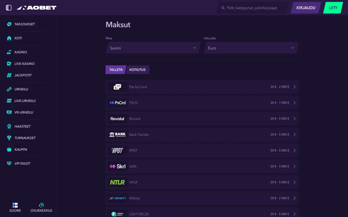 NaoBet Casino — Payments, captured from Finland