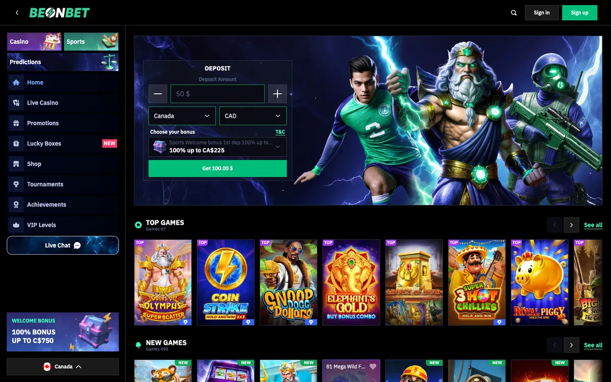 BeonBet Casino — Home page, captured from Canada