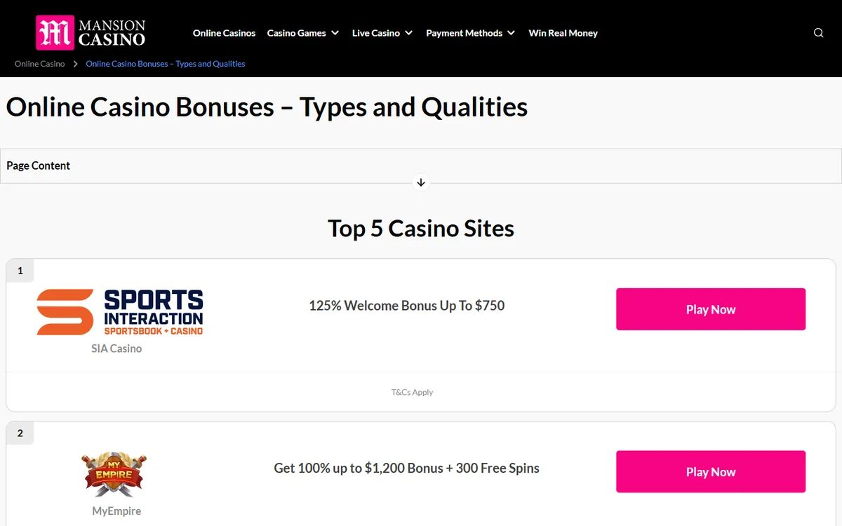 Mansion Casino — Promotions, captured from Canada