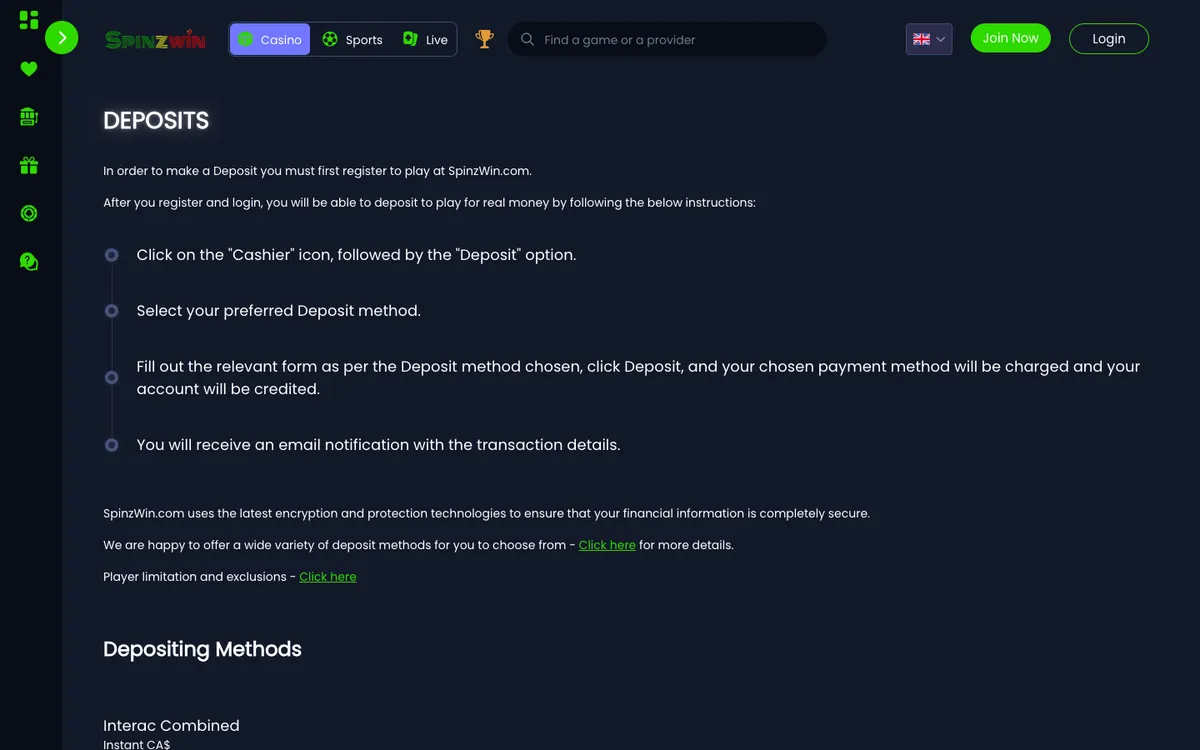 Spinzwin Casino — Payments, captured from Canada