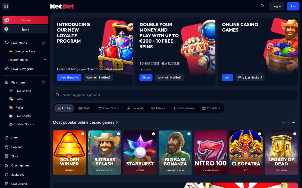 NetBet Casino — Home page, captured from United Kingdom