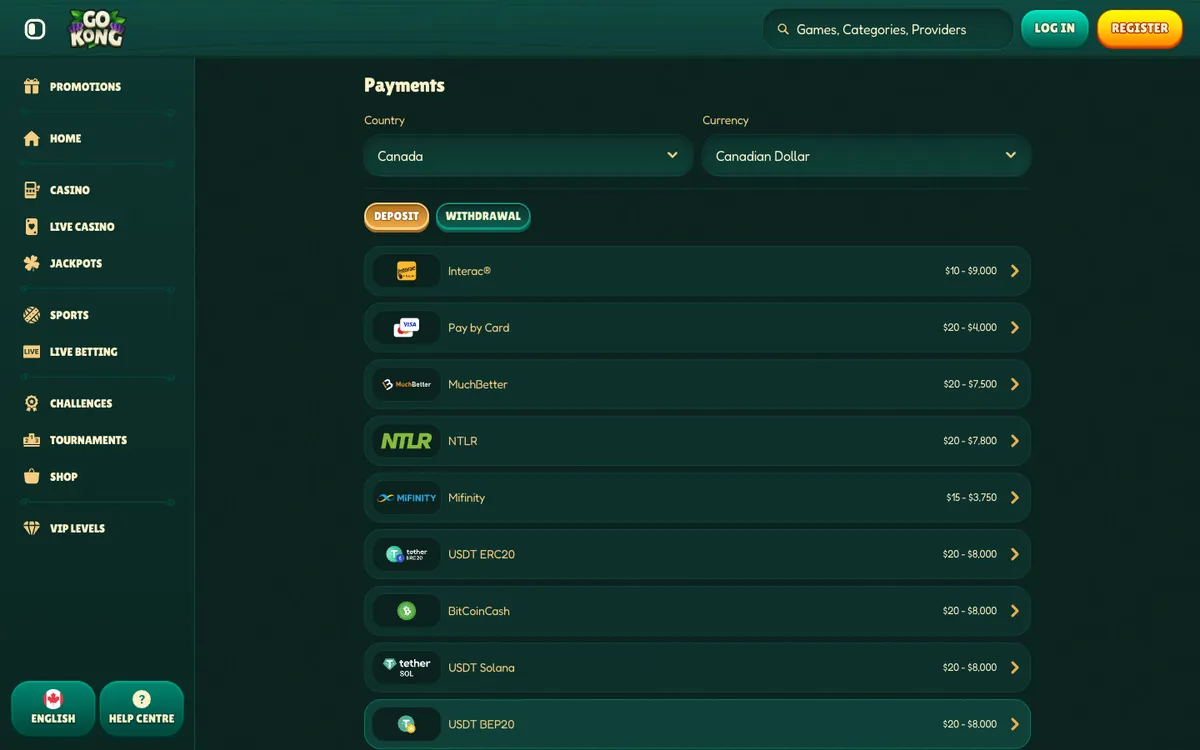 GoKong Casino — Payments, captured from Canada