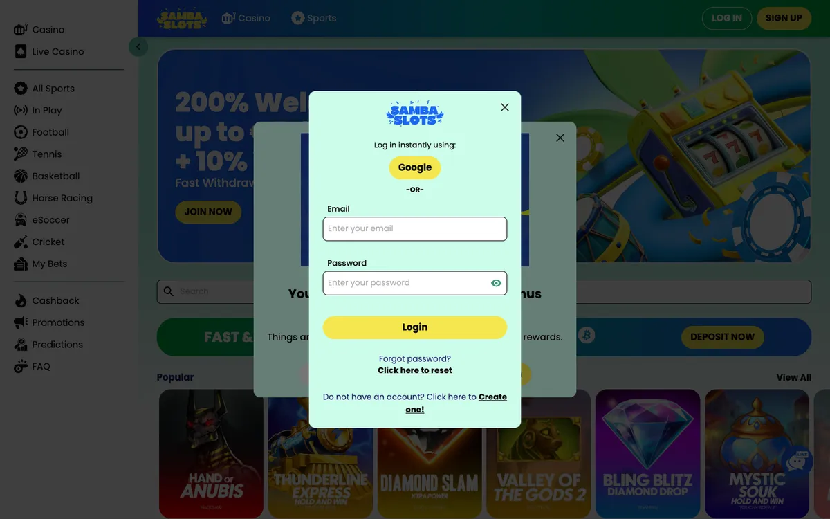 Samba Slots Casino — «Регистрация», снято из страны Канада