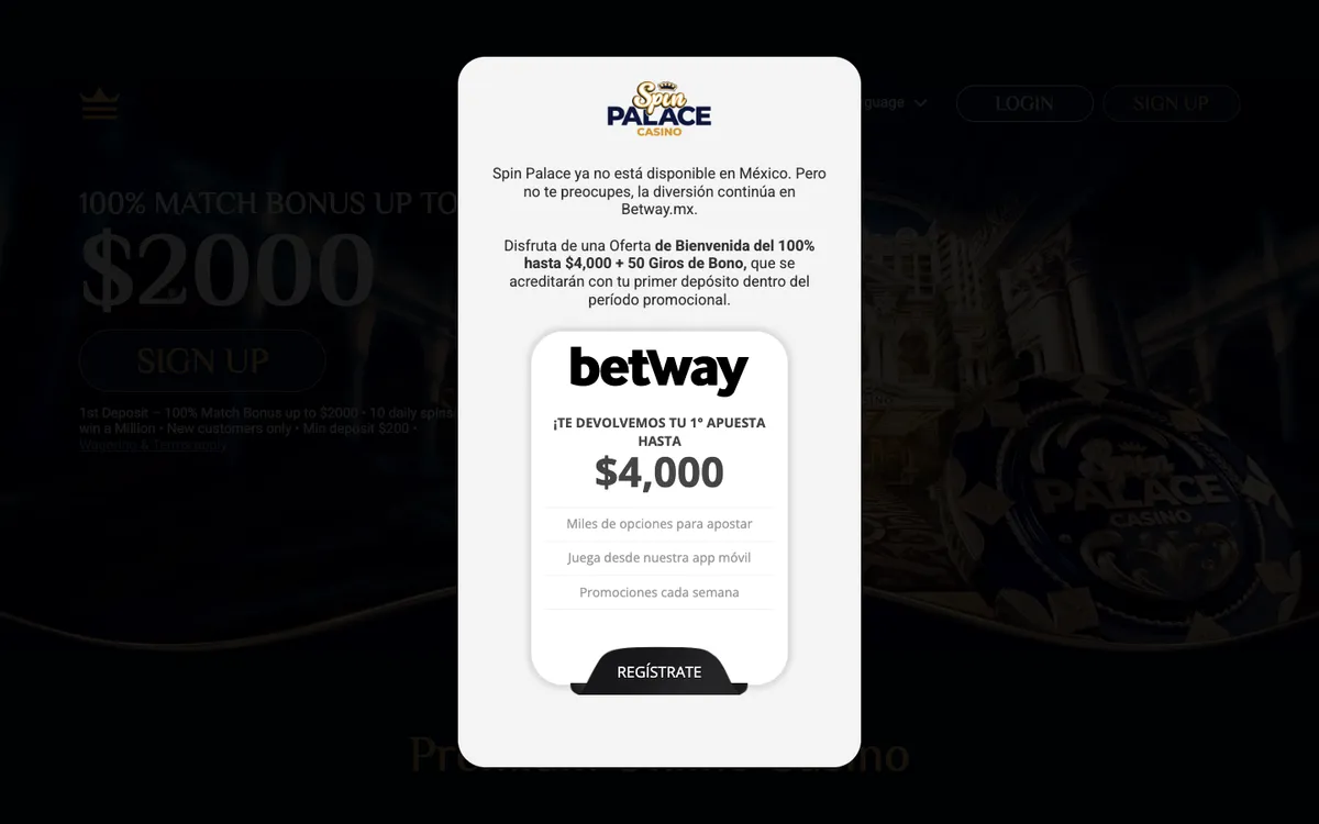 Spin Palace Casino — Home page, captured from Mexico