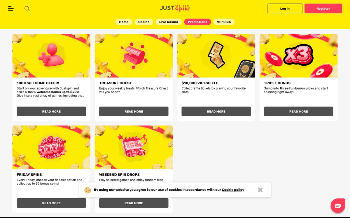 Justspin Casino — «Акции», снято из страны Канада