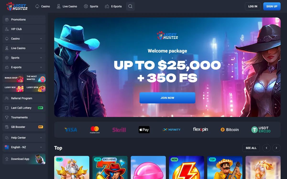 Lucky Hunter Casino — Home page, captured from New Zealand