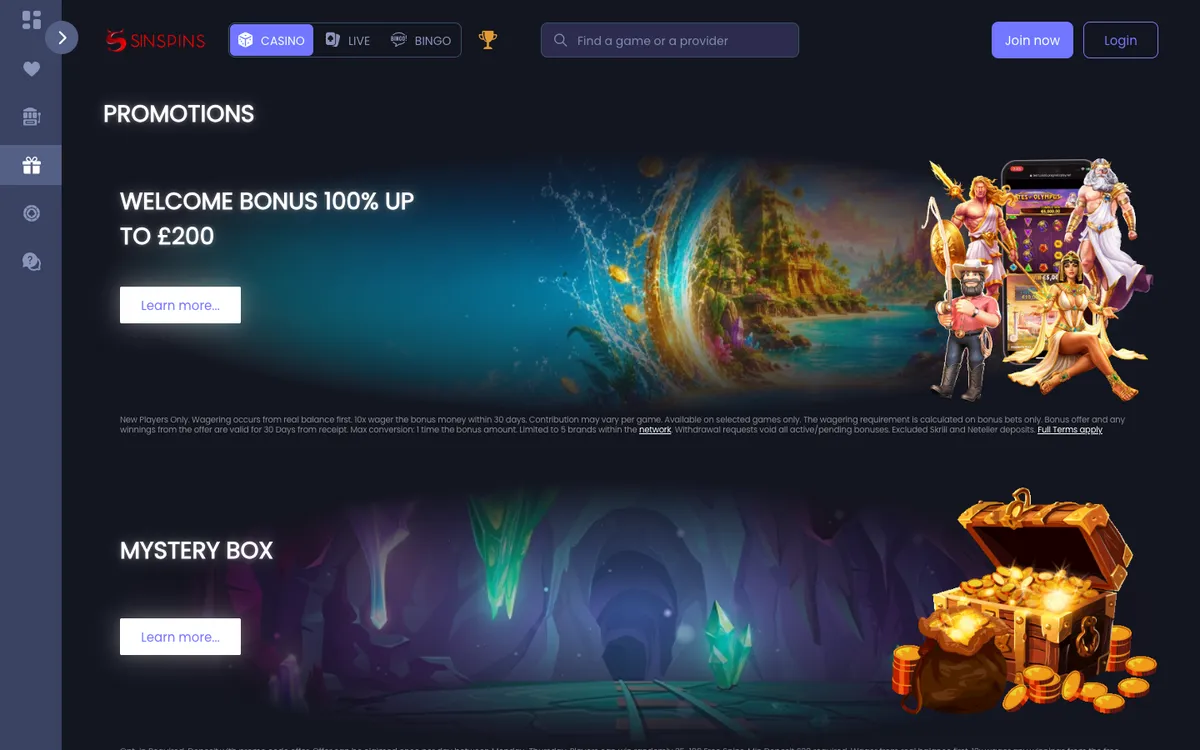 Sin Spins Casino — Promotions, captured from United Kingdom