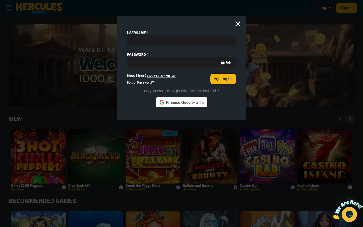 Hercules Casino — Sign-up, captured from Finland