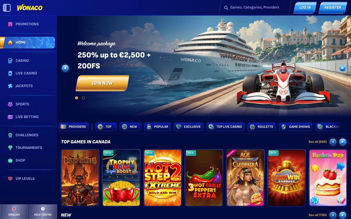 Wonaco Casino — «Главная», снято из страны Канада