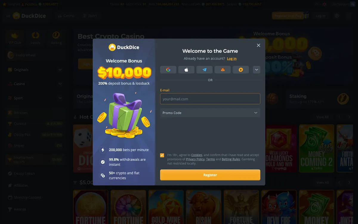 DuckDice Casino — Sign-up, captured from Canada