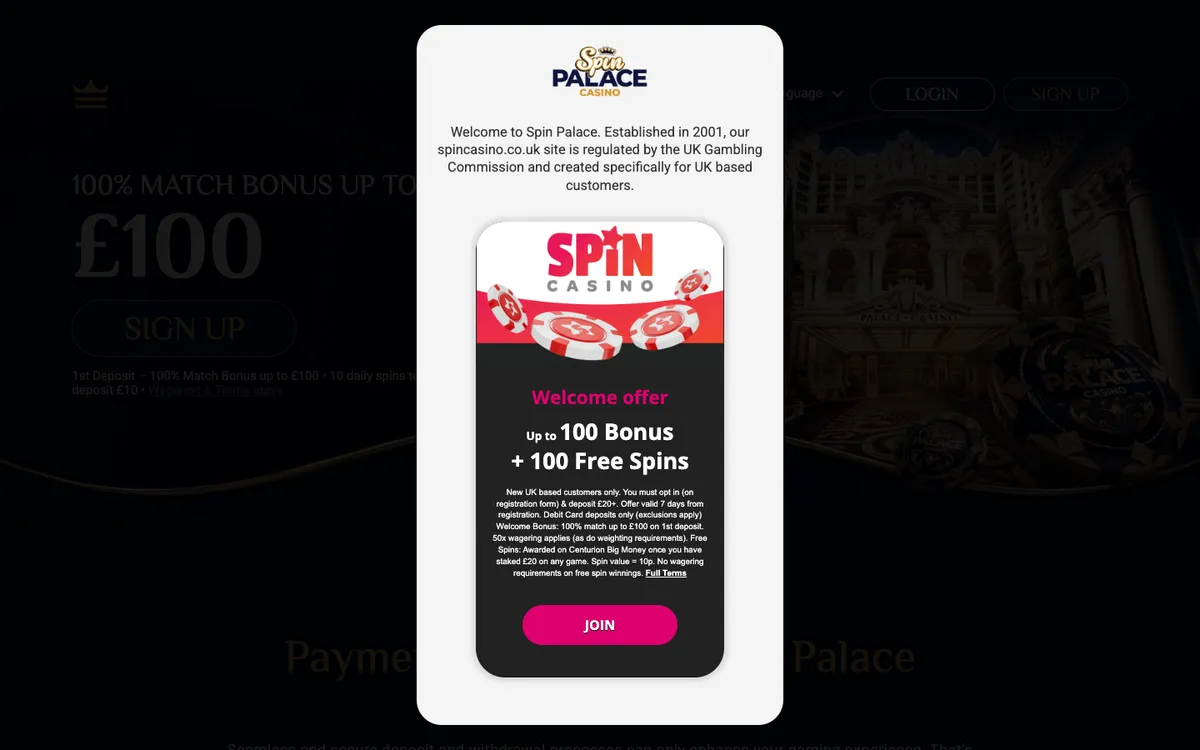 Spin Palace Casino — Payments, captured from United Kingdom