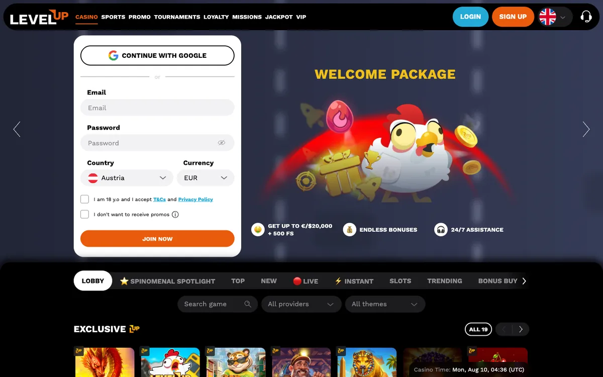 LevelUp Casino — Home page, captured from Austria
