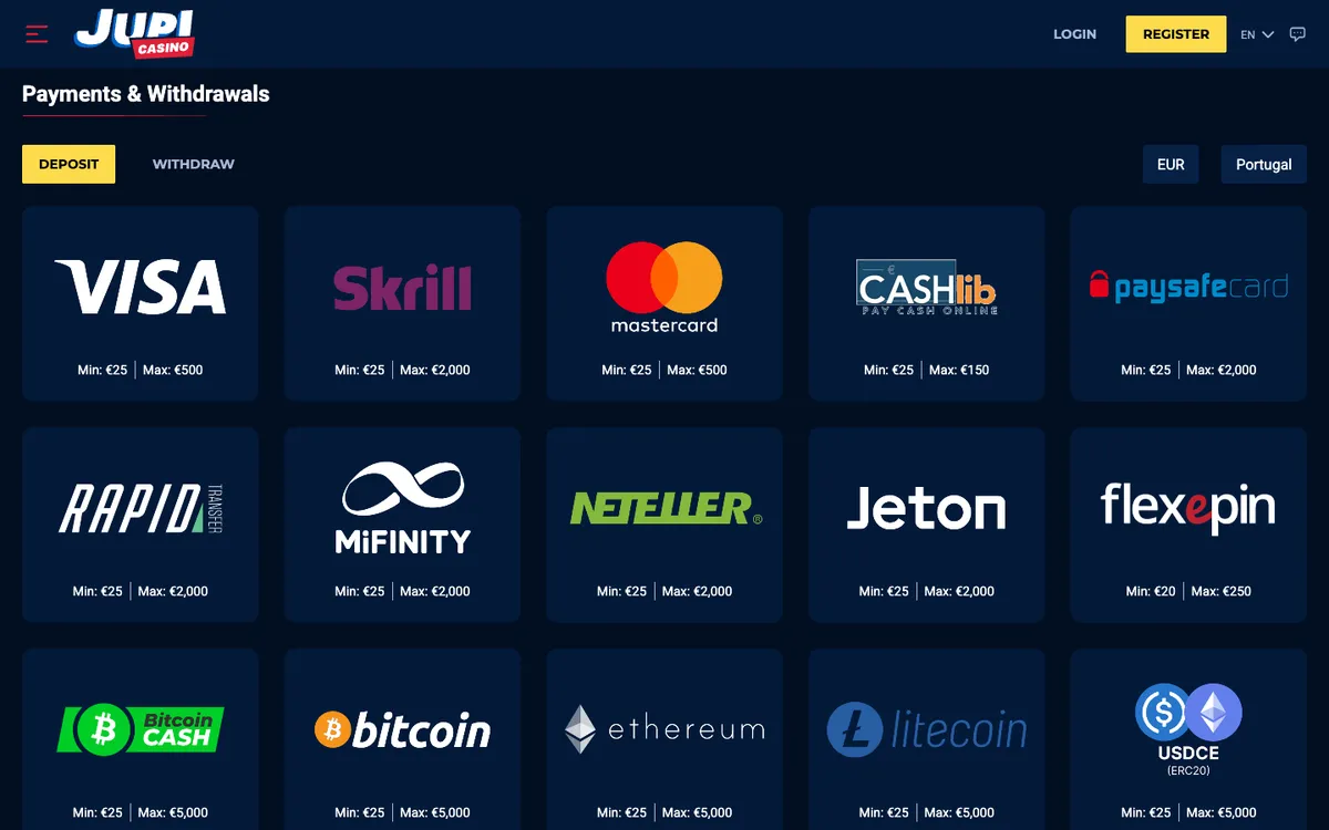 Jupi Casino — Payments, captured from Portugal