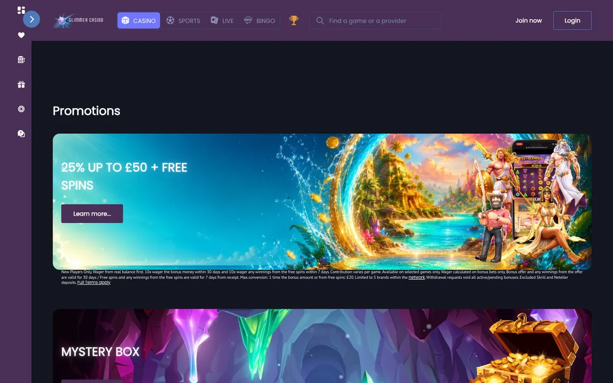 Glimmer Casino — Promotions, captured from United Kingdom