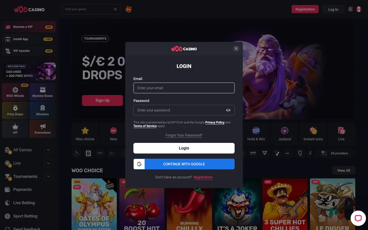 Woocasino — Sign-up, captured from Canada