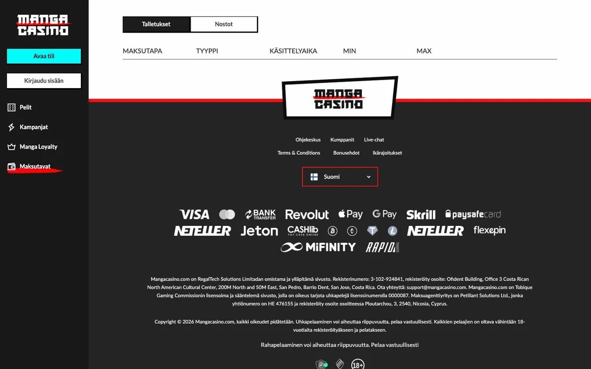 Manga Casino — Payments, captured from Finland