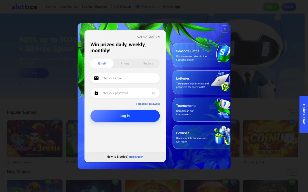 Slottica Casino — Sign-up, captured from Finland