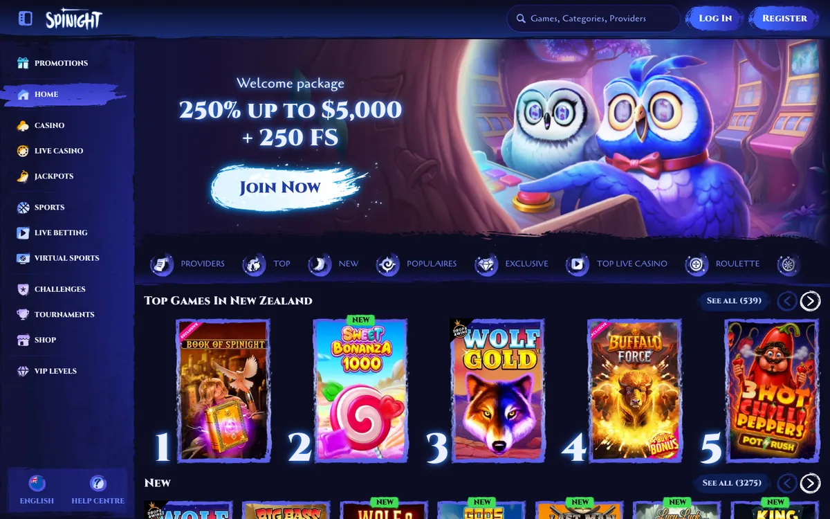 Spinight Casino — «Главная», снято из страны Новая Зеландия