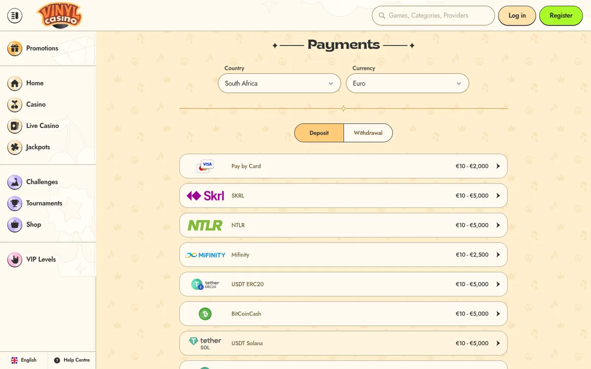 Vinyl Casino — Payments, captured from South Africa