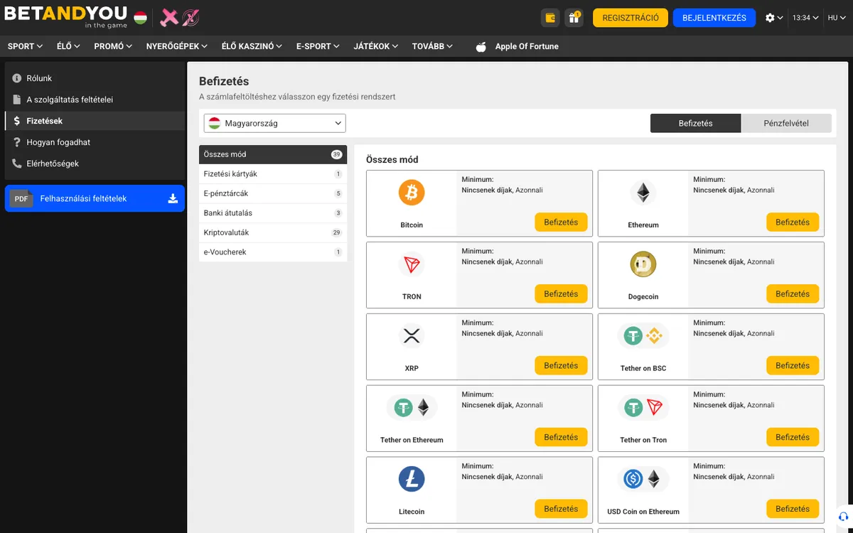 Betandyou Casino — Payments, captured from Hungary