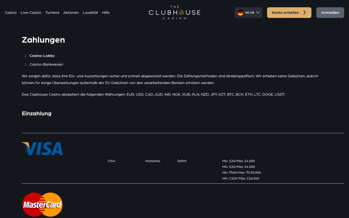 The ClubHouse Casino — Payments, captured from Austria